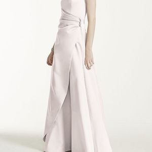 Satin gown with side drape and brooch style 8567